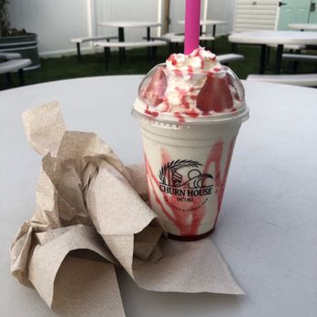 Churn House Ice Cream - A vanilla milkshake with strawberry syrup, whipped cream, and a drizzle - Ice Cream & Frozen Yogurt Near Me - Ocean City, New Jersey
