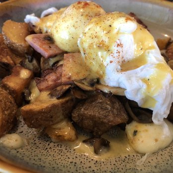 The Bro'Kin Yolk - The Truffle, Ham and Wild Mushroom Poutine (two poached eggs with hollandaise over duck fat hash) - Breakfast & Brunch Near Me - Calgary, Alberta
