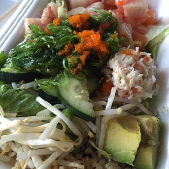 Aloha Poke - Large bowl of five "scoops" of fresh salmon and yellowtail. Needs more masago, avocado, and cucumber. - Poke Near Me - Chino, California