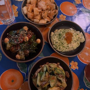 Jeju Restaurant - Banchan - kimchi, egg drop with roe and dashi, roasted zucchini with hazelnut cream, and tomato/cucumber medley with whipped riccotta - Korean Near Me - Portland, Oregon Jeju Restaurant - Banchan - kimchi, egg drop with roe and dashi, roasted zucchini with hazelnut cream, and tomato/cucumber medley with whipped riccotta - Korean Near Me - Portland, Oregon