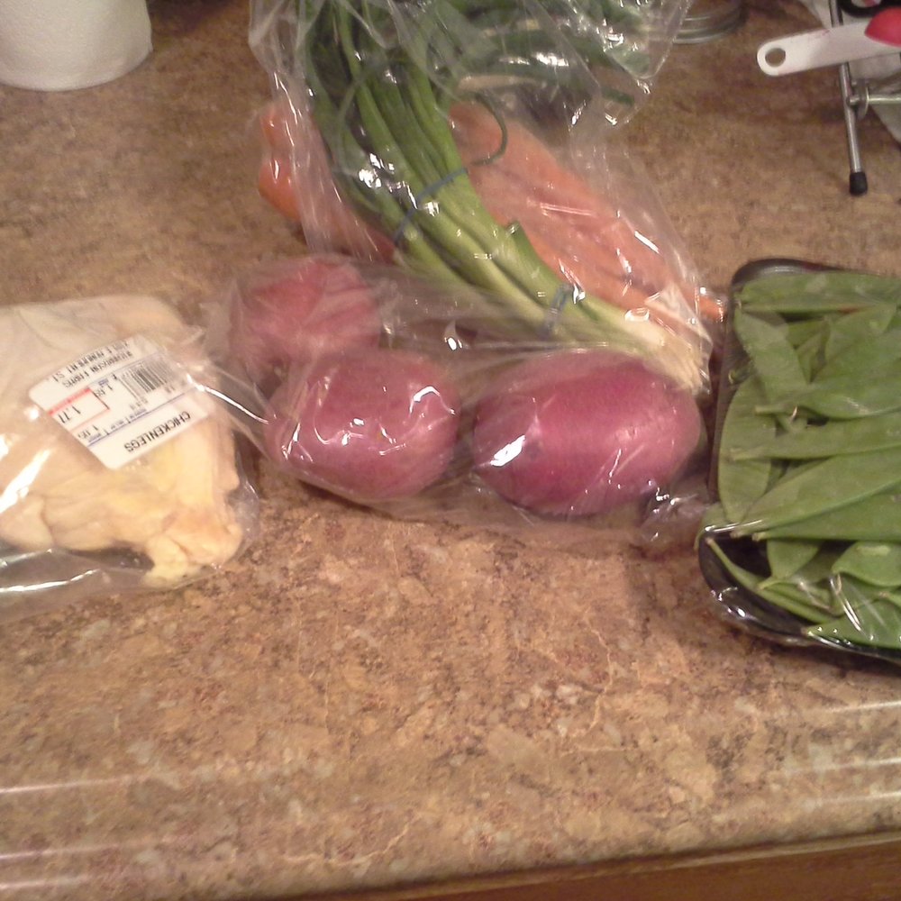 From farm to MY table! Chicken, carrots, snap peas, red potatoes and green onion.