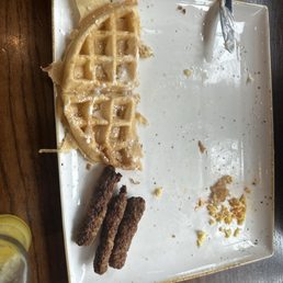 Soggy waffle. Microwaved sausage.... Soggy waffle. Microwaved sausage....