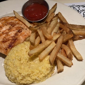 Lucky 32 Southern Kitchen - Salmon with cheese grits and French fries - New American Near Me - Cary, North Carolina