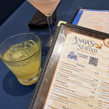 Anaya's Seafood Scratch Kitchen - Top - Blackberry Lemon French 75 Martini.  Bottom - Blanco Margarita. - Seafood Near Me - Richardson, Texas