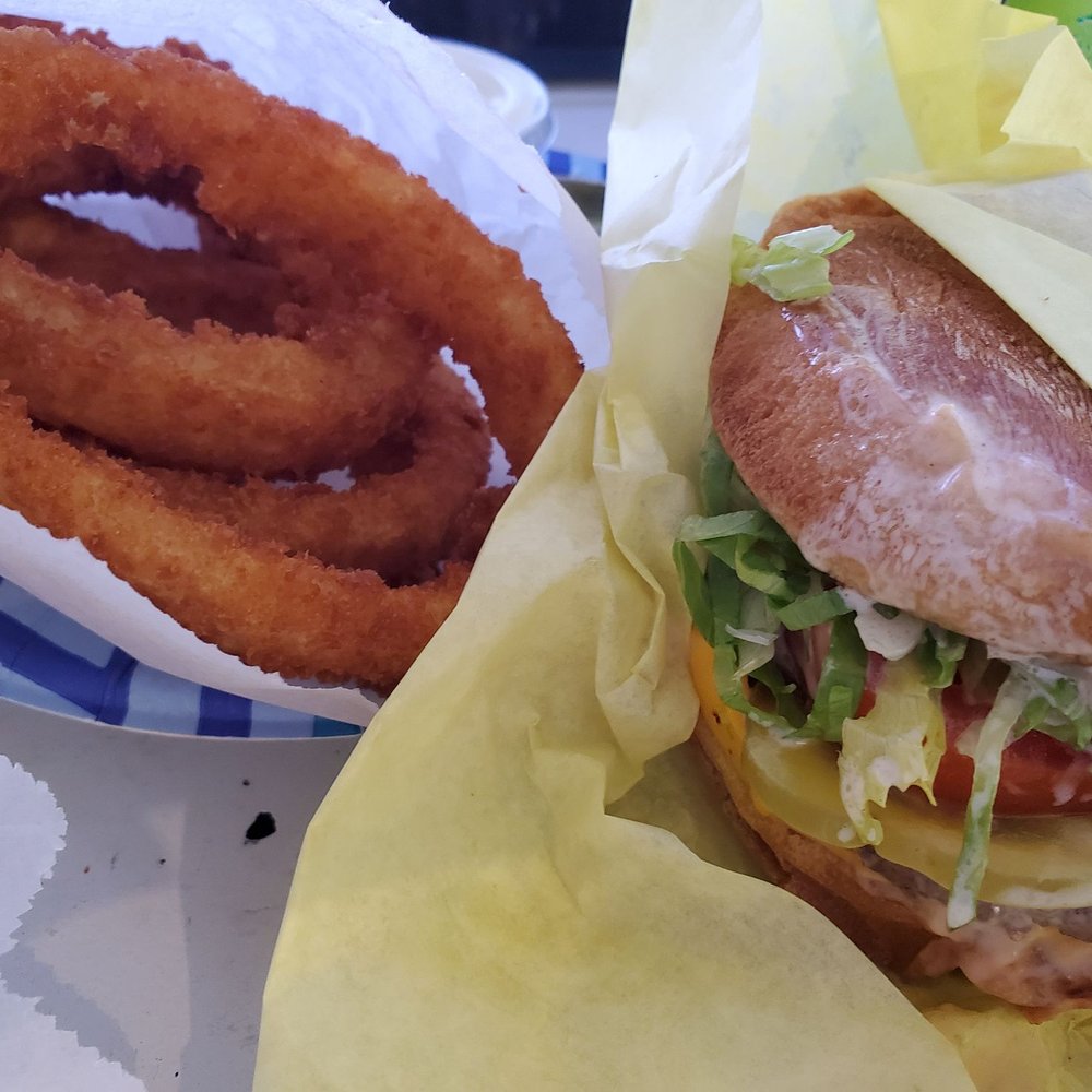 The Burgerstop - Onion rings & cheeseburger (Extra onions and pickles) - Burgers Near Me - Norwalk, California