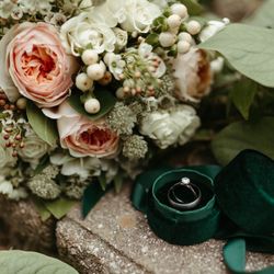 Petals and Pearls - Bouquet and wedding rings!
