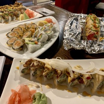 King Kong Sushi - Rolls in order from bottom to top King Kong, Volcano (right side), Salmon Avocado, TNT, Dragon and Bulgogi - Sushi Bars Near Me - Myrtle Beach, South Carolina King Kong Sushi - Rolls in order from bottom to top King Kong, Volcano (right side), Salmon Avocado, TNT, Dragon and Bulgogi - Sushi Bars Near Me - Myrtle Beach, South Carolina