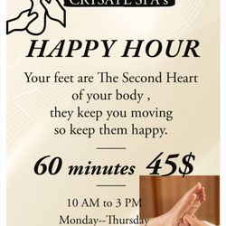 Crystal Spa - Happy Hour Special
Relax and Unwind with a Foot Massage
Monday - Thursday | 10 AM - 3 PM
60 Minutes for Just $45!
