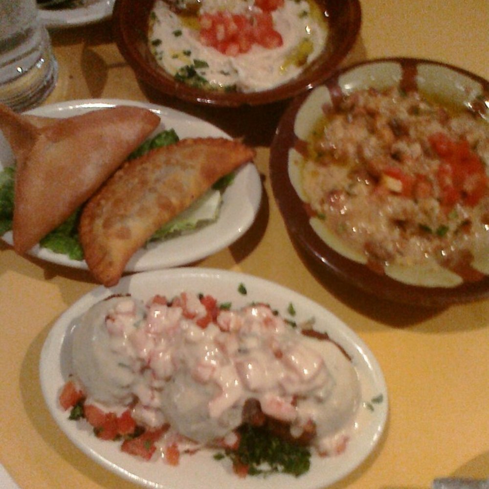 Cedars Restaurant - Falafel (front) Sanbusik (left) Hummus (top) baba ganoush (right) - Lebanese Near Me - Camp Hill, Pennsylvania