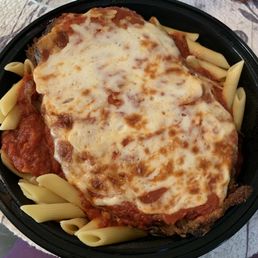 Eggplant Parmigiana, consistently good. Enough for 3 meals.