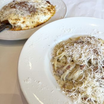 Serafina - West 105th - Entrees: Chicken Parmigiana (doesn't come with pasta and to be honest, you don't need it) + Spaghetti Carbonara - Italian Near Me - New York, New York Serafina - West 105th - Entrees: Chicken Parmigiana (doesn't come with pasta and to be honest, you don't need it) + Spaghetti Carbonara - Italian Near Me - New York, New York