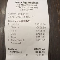 Nana Egg Bubbles - Receipt