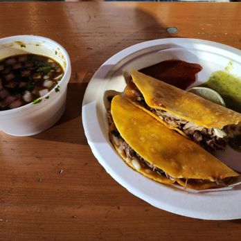 Vitos Tacos - Birria tacos (we squeezed some salsa on the side); consomé - Tacos Near Me - Las Vegas, Nevada