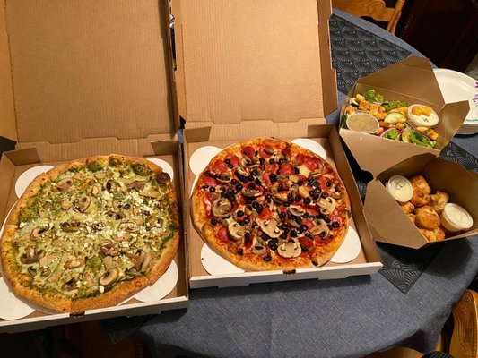 Photo of Society Pie - Beaverton, OR, US. Supreme Pizza, Large Garlic Knots, House Garden Salad, Feta's Betta