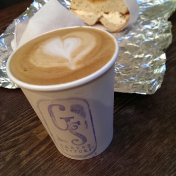 Ground Support - Almond milk latte with a bagel and cream cheese. Perfect breakfast. - Coffee & Tea Near Me - New York, New York