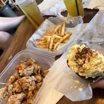 Bon Appetea Cafe  - Alhambra - popcorn chicken, fries, and truffle eggs on pumpernickel bread - Cafes Near Me - Alhambra, California