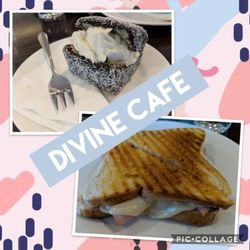 Divine Cafe - Ham and bacon toastie/grilled sandwich and a Lamington.