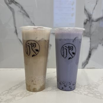 BeauTea - Golden Oolong Milk Tea w/ Sago & Crystal Boba (left), Taro Milk Tea w/ Crystal Boba - Bubble Tea Near Me - Washington, DC, District of Columbia