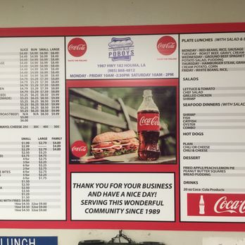 Bayou Blue PO Boys - The menu beside the ordering counter, as of late June 2019. The other customers told me the roast beef and shrimp po'boys were the best! - American Near Me - Houma, Louisiana Bayou Blue PO Boys - The menu beside the ordering counter, as of late June 2019. The other customers told me the roast beef and shrimp po'boys were the best! - American Near Me - Houma, Louisiana