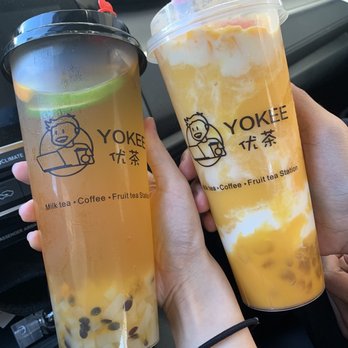 Yokee Milk Tea - passionfruit green tea (left) and mango pomelo sago (right) - Bubble Tea Near Me - Oakland, California Yokee Milk Tea - passionfruit green tea (left) and mango pomelo sago (right) - Bubble Tea Near Me - Oakland, California
