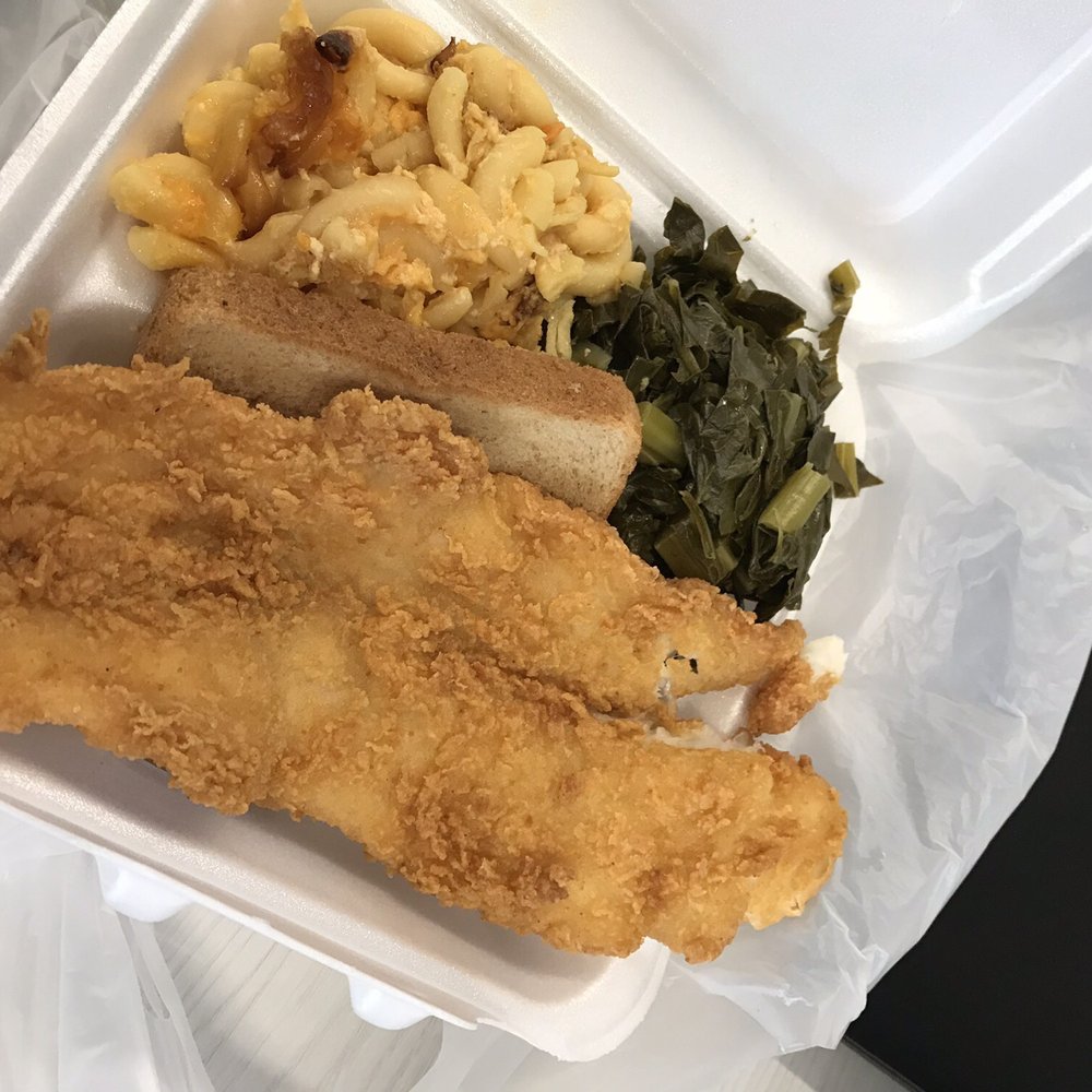 Catfish, macs and cheese and collard greens. Catfish, macs and cheese and collard greens.