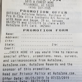 AutoZone - The $15 in store rebate card offer. - Auto Parts & Supplies Near Me - Milwaukee, Wisconsin