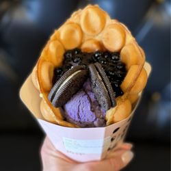 Waffle with ube ice cream, boba and Oreo