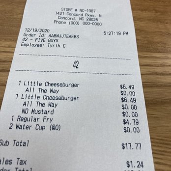 Five Guys - The receipt - Burgers Near Me - Concord, North Carolina