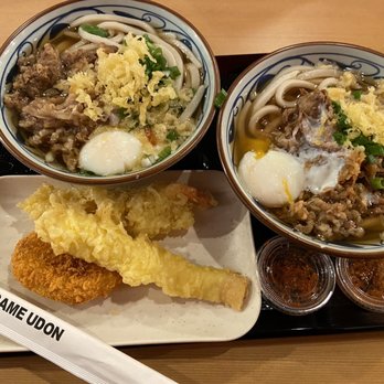 Marugame Udon - #8 Beef Udon + egg (+ tempura, green onions, & Chile pepper on the side) w/Shrimp Tempura, Squid Tempura, & Potato Croquet on the side. - Japanese Near Me - Costa Mesa, California Marugame Udon - #8 Beef Udon + egg (+ tempura, green onions, & Chile pepper on the side) w/Shrimp Tempura, Squid Tempura, & Potato Croquet on the side. - Japanese Near Me - Costa Mesa, California