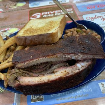 Runts Bar-B-Q & Grill - Two meat combo with ribs, sliced brisket, black eye peas and fries. - Barbeque Near Me - Muskogee, Oklahoma