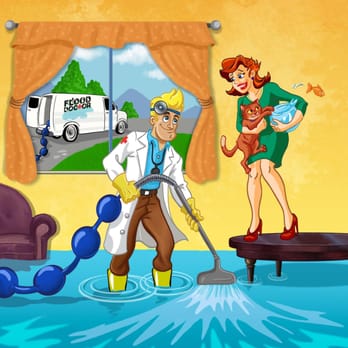 Flood Doctor - a man and woman in flooded living room - Damage Restoration Near Me Flood Doctor - a man and woman in flooded living room - Damage Restoration Near Me