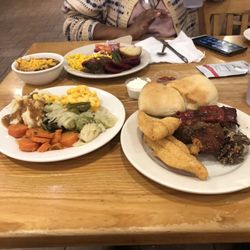 Farmer's Family Restaurant - Fish, meatloaf, carrots, cabbage, mashed potatoes and gravy, chili, mac and cheese, beets and dinner rolls.
