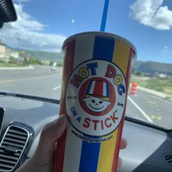 Hot Dog on a Stick - Giant diet lemonade for less than 5 bucks! I love their cheerful cups, too.