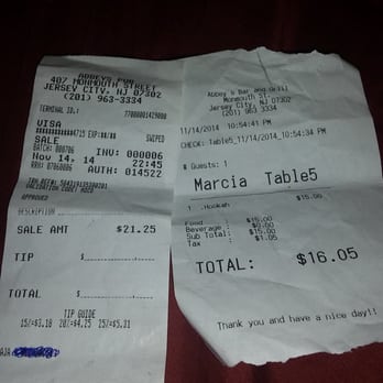 Abbey's Pub & Grill - My receipts.  The one for $16.05 is the bill that came with the hookah The one for $21.25 is my PREPAID receipt (cost 4 Blacks) - Hookah Bars Near Me - Jersey City, New Jersey