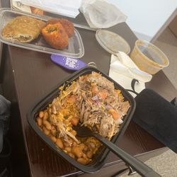 MofonGo - Rice bowl shredded pernil beans picadillo alcapurrias and empanada
