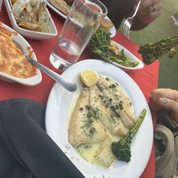 Dear John’s - Sand Dabs with shared broccolini on the plate. Chicken Parmesan, German potatoes, Truffle Mac n cheese, & Lobster Thermidor. - American Near Me - Culver City, California