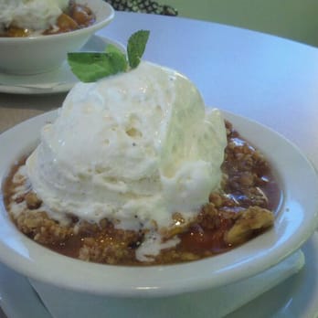Matt's Fish Camp Bethany - Home-made peach cobbler with vanilla ice cream, nuts, granola, and fresh peaches - Seafood Near Me - Bethany Beach, Delaware