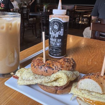 Frothy Monkey - Havana latte and Bacon, Egg & Cheddar Bagel Sandwich - Coffee & Tea Near Me - Nashville, Tennessee