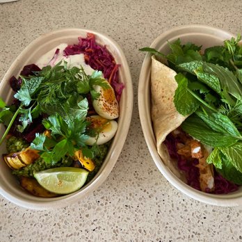 Fava Restaurant - Left: Tabbouleh and beet plate Right: Spicy chicken sandwich - Salad Near Me - Berkeley, California