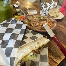 Falafel Falafel Pressed Sandwich, Ful Mudamas Dip, Smoothie Falafel Falafel Pressed Sandwich, Ful Mudamas Dip, Smoothie