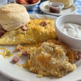 Omelette, hash brown casserole, biscuit and gravy Omelette, hash brown casserole, biscuit and gravy