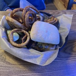 Poncho's Tavern - This is the Bourbon Bacon Burger with onion rings.