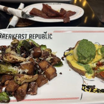 Breakfast Republic - Mushroom and Pesto Benedict, gluten free Brussels sprout potatoes - Breakfast & Brunch Near Me - Irvine, California Breakfast Republic - Mushroom and Pesto Benedict, gluten free Brussels sprout potatoes - Breakfast & Brunch Near Me - Irvine, California