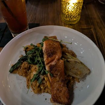 Warehouse 72 - Asian salmon With kimchi Fried Rice and bak choy - New American Near Me - Houston, Texas Warehouse 72 - Asian salmon With kimchi Fried Rice and bak choy - New American Near Me - Houston, Texas