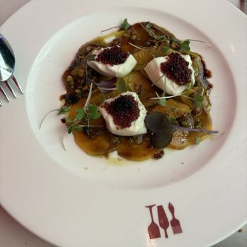Bottega - burrata with peaches and balsamic pearls - Italian Near Me - Yountville, California Bottega - burrata with peaches and balsamic pearls - Italian Near Me - Yountville, California