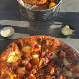 Hot honey chicken pizza and perch Hot honey chicken pizza and perch