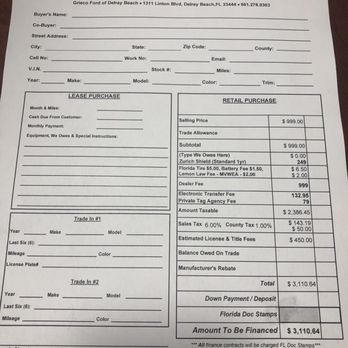 Grieco Ford of Delray Beach - This is the finance agreement I was given. Mind you, I didn't go there to finance. I went there to purchase a vehicle cash and for $999. - Car Dealers Near Me - Delray Beach, Florida Grieco Ford of Delray Beach - This is the finance agreement I was given. Mind you, I didn't go there to finance. I went there to purchase a vehicle cash and for $999. - Car Dealers Near Me - Delray Beach, Florida