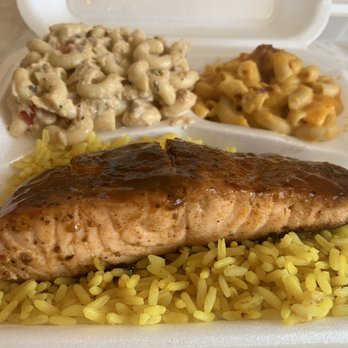 Tavia's Eatery - Small Honey Glazed Grilled Salmon with Mac and Cheese and Seafood Salad - Soul Food Near Me - Orange, New Jersey Tavia's Eatery - Small Honey Glazed Grilled Salmon with Mac and Cheese and Seafood Salad - Soul Food Near Me - Orange, New Jersey