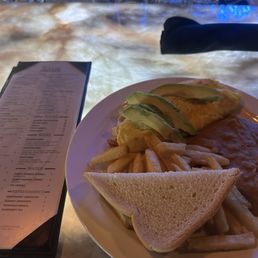 Omelette with bacon. Beans. Fries. Toast.