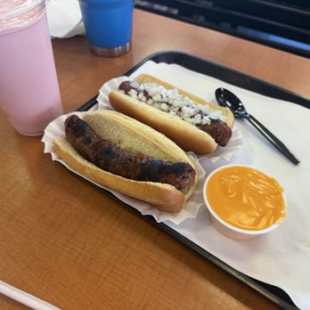 Ted's Hot Dogs - Two Polish Sausages with a side of cheese & a strawberry milkshake- yum! - Hot Dogs Near Me - Tempe, Arizona